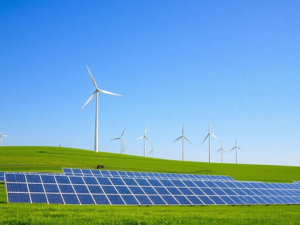 Energie24 12 Peisaj verde cu turbine eoliene și panouri solare.