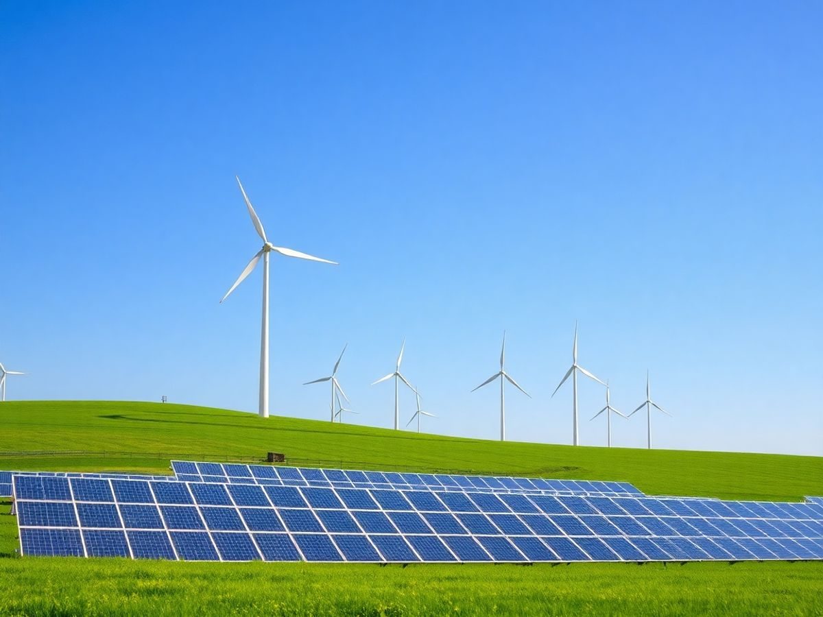 Peisaj verde cu turbine eoliene și panouri solare.