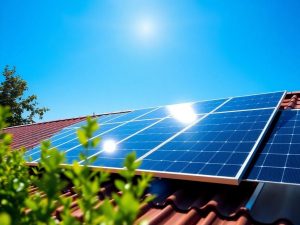 Energie24 10 Panouri solare pe acoperis, cer albastru, vegetație.
