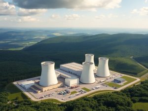Energie24 7 Centrala nucleară modernă înconjurată de peisaje verzi.