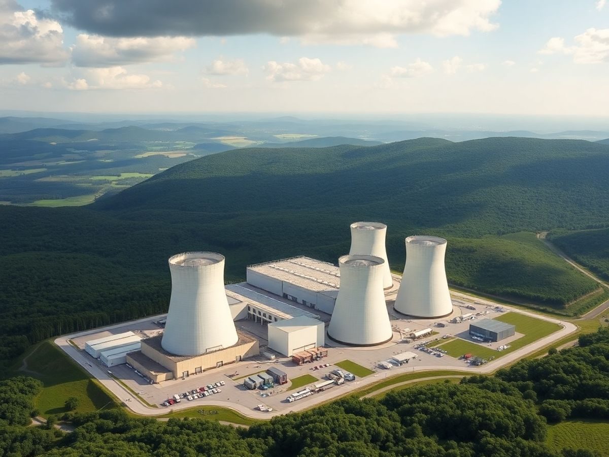 Centrala nucleară modernă înconjurată de peisaje verzi.