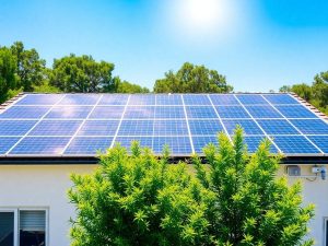 Energie24 6 Casă modernă cu panouri solare pe acoperiș.