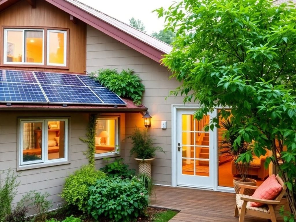 Ghid practic pentru reducerea consumului de energie în gospodării 1 Casă eficientă energetic, panouri solare, verdeață, lumină caldă.