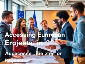 Grup divers de profesioniști discutând proiecte europene.