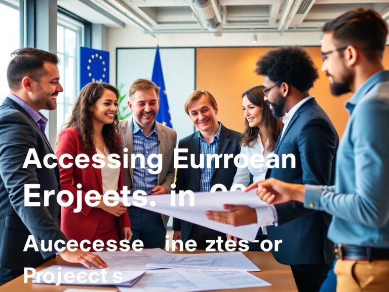 Grup divers de profesioniști discutând proiecte europene.