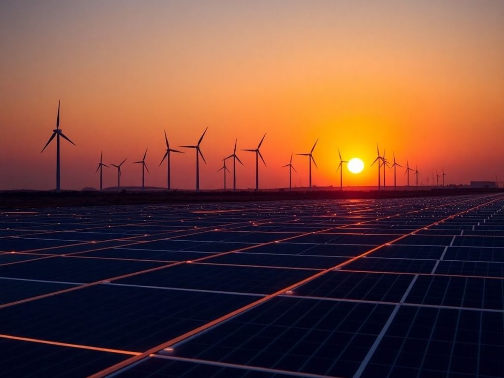 Inovație energetică, tehnologie, turbine eoliene, panouri solare, rețea electrică.