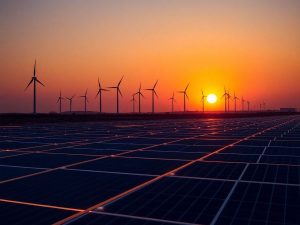 Inovație energetică, tehnologie, turbine eoliene, panouri solare, rețea electrică.