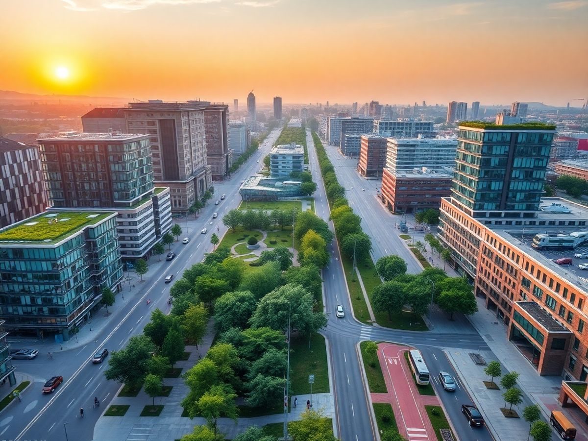 Panoramă urbană modernă cu străzi verzi, clădiri şi transport electric