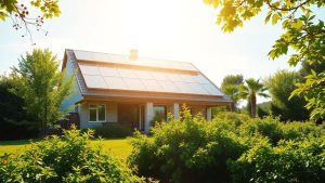 Casă modernă cu panouri solare pe acoperiș.