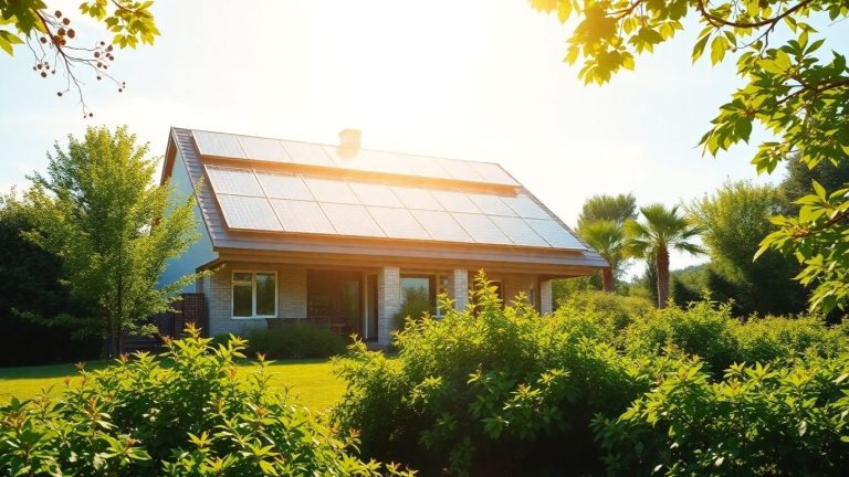 Casă modernă cu panouri solare pe acoperiș.
