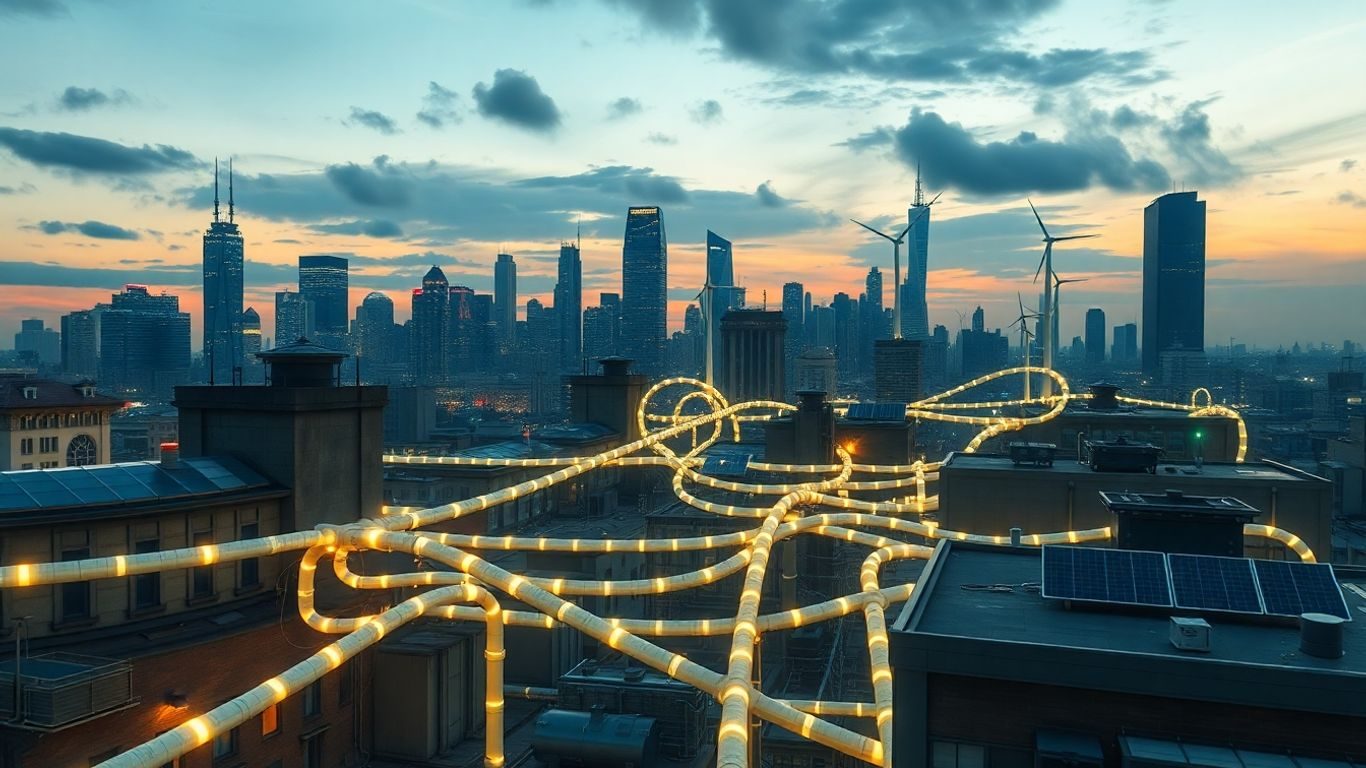 Rețele de căldură moderne conectând clădiri urbane futuriste.