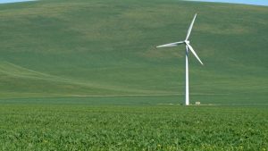 Turbină eoliană pe un câmp verde sub cerul albastru.